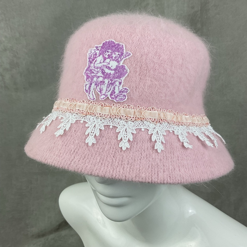 Angel cherubs patch angora fur soft pink upcycled 90s fuzzy bucket hat